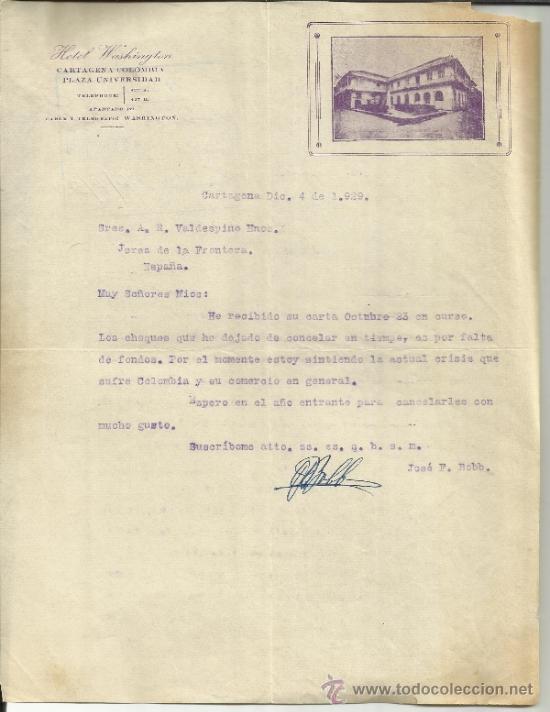Gesch&auml;ftsbriefe: CARTA COMERCIAL DE JOS&Eacute; F. BOBB. HOTEL WASHINGTON. CARTAGENA. COLOMBIA. 1929