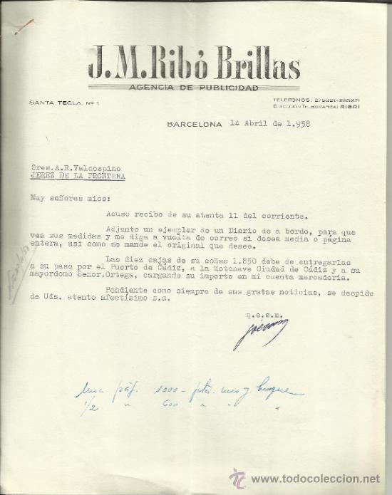 Gesch&auml;ftsbriefe: CARTA COMERCIAL DE J.M. RIB&Oacute; BRILLAS. AGENCIA DE PUBLICIDAD. BARCELONA. 1958