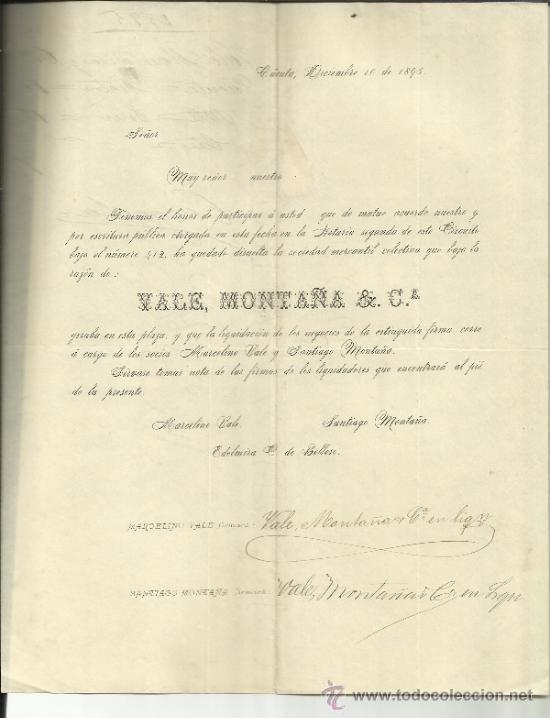 Gesch&auml;ftsbriefe: CIRCULAR DE VALE, MONTA&Ntilde;A & C&ordf;. MARCELO VALE. SANTIAGO MONTA&Ntilde;A. C&Uacute;CUTA. COLOMBIA. 1895