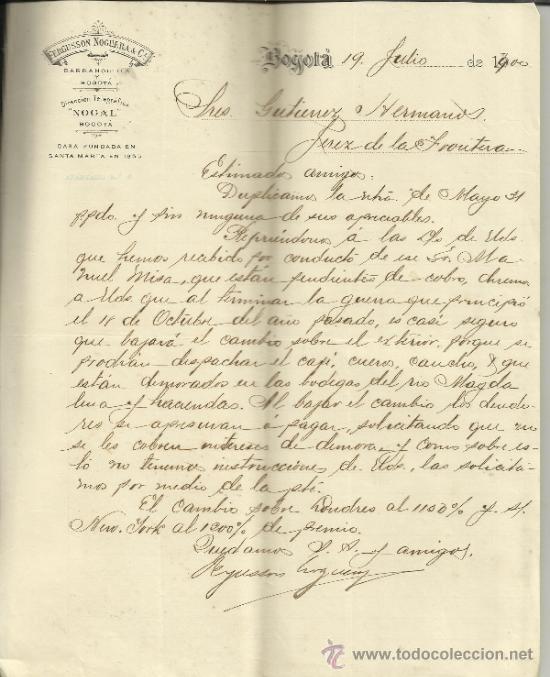 Gesch&auml;ftsbriefe: CARTA COMERCIAL DE FERGUSSON NOGUERA & C&ordf;. BOGOT&Aacute;. COLOMBIA. 1900