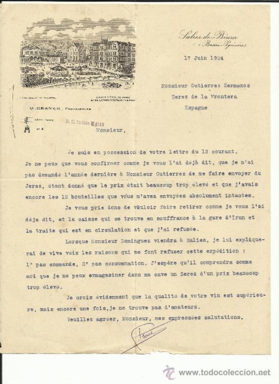 Gesch&auml;ftsbriefe: CARTA COMERCIAL DE GRAND HOTEL DU PARC. G. GRANER. SALIES DE B&Eacute;ARN. FRANCIA. 1924