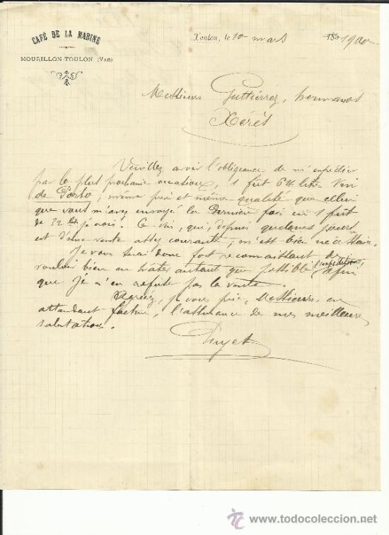 Gesch&auml;ftsbriefe: CARTA COMERCIAL DE CAF&Eacute; DE LA MARINE. TOULON. FRANCIA. 1900