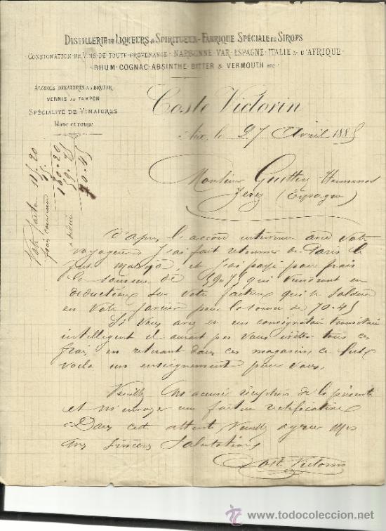 Gesch&auml;ftsbriefe: CARTA COMERCIAL DE COSTE VICTORIN. AIX. FRANCIA. 1885
