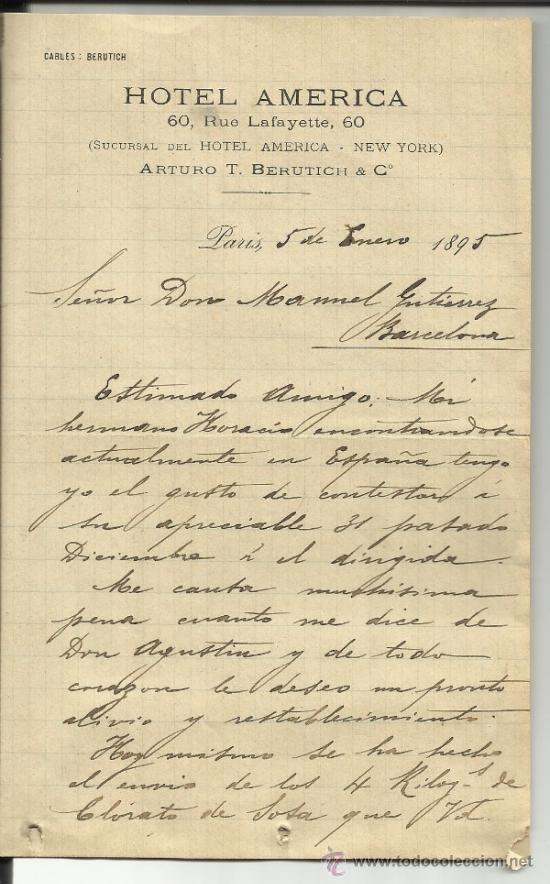 Gesch&auml;ftsbriefe: CARTA COMERCIAL DE LUIS T. BERUTICH & C&ordf;. ARTURO T. BERUTICH & C&ordf;. PAR&Iacute;S. FRANCIA. 1895