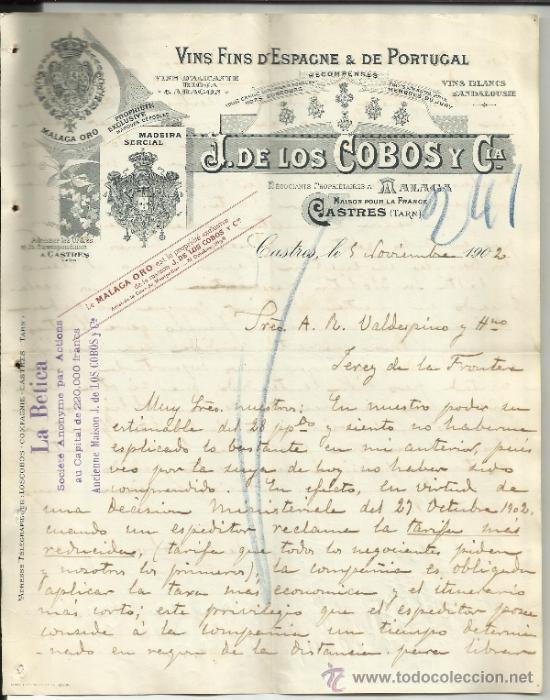 Gesch&auml;ftsbriefe: CARTA COMERCIAL DE J.DE LOS COBOS Y C&ordf;. M&Aacute;LAGA ORO. MADEIRA SERCIAL. CASTRES. FRANCIA. 1902