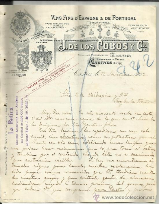 Gesch&auml;ftsbriefe: CARTA COMERCIAL DE J.DE LOS COBOS Y C&ordf;. M&Aacute;LAGA ORO. MADEIRA SERCIAL. CASTRES. FRANCIA. 1902