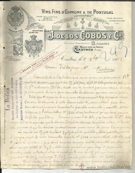 Gesch&auml;ftsbriefe: CARTA COMERCIAL DE J.DE LOS COBOS Y C&ordf;. M&Aacute;LAGA ORO. MADEIRA SERCIAL. CASTRES. FRANCIA. 1902