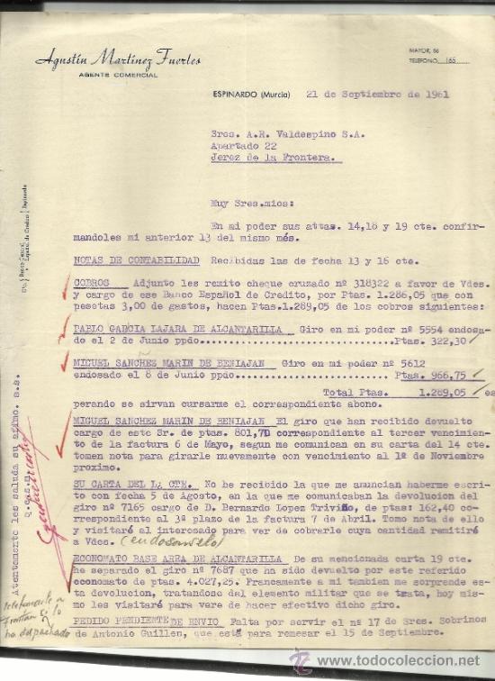 Gesch&auml;ftsbriefe: CARTA COMERCIAL DE AGUST&Iacute;N MART&Iacute;NEZ FUERTES. AGENTE COMERCIAL. ESPINARDO. MURCIA. 1961