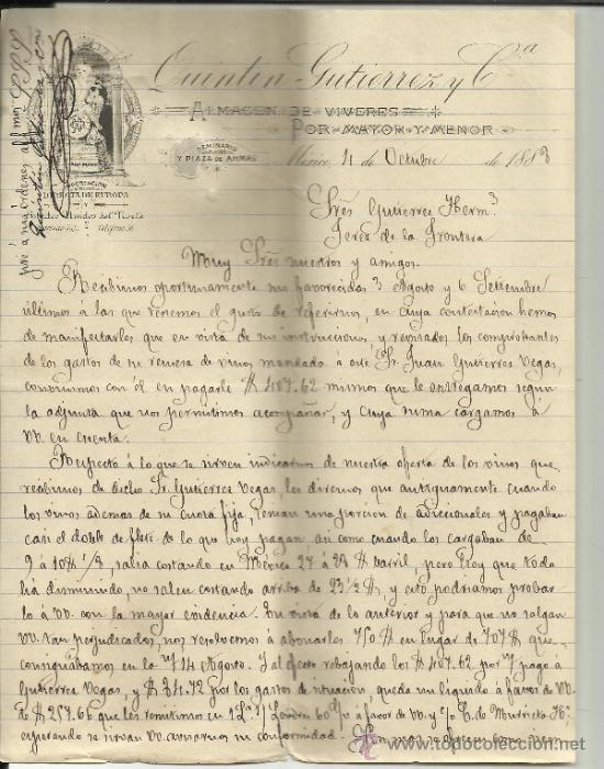 Gesch&auml;ftsbriefe: CARTA COMERCIAL DE QUINTIN GUTIERREZ Y C&ordf;. ALMAC&Eacute;N DE V&Iacute;VERES. M&Eacute;XICO (M&Eacute;XICO). 1888