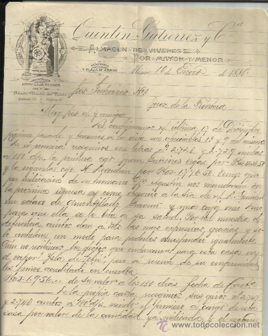 Gesch&auml;ftsbriefe: CARTA COMERCIAL DE QUINTIN GUTIERREZ Y C&ordf;. ALMAC&Eacute;N DE V&Iacute;VERES. M&Eacute;XICO (M&Eacute;XICO). 1888