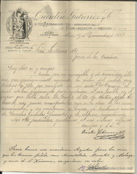 Gesch&auml;ftsbriefe: CARTA COMERCIAL DE QUINTIN GUTIERREZ Y C&ordf;. ALMAC&Eacute;N DE V&Iacute;VERES. M&Eacute;XICO (M&Eacute;XICO). 1887