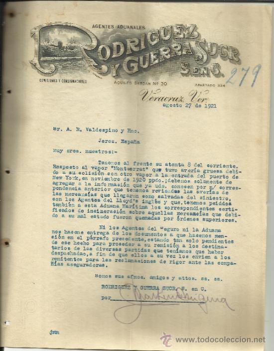 Gesch&auml;ftsbriefe: CARTA COMERCIAL DE RODR&Iacute;GUEZ Y GUERRA. AGENTES ADUANALES. VERACRUZ. M&Eacute;XICO. 1921