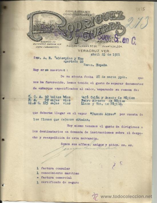 Gesch&auml;ftsbriefe: CARTA COMERCIAL DE RODR&Iacute;GUEZ Y GUERRA. AGENTES ADUANALES. VERACRUZ. M&Eacute;XICO. 1921