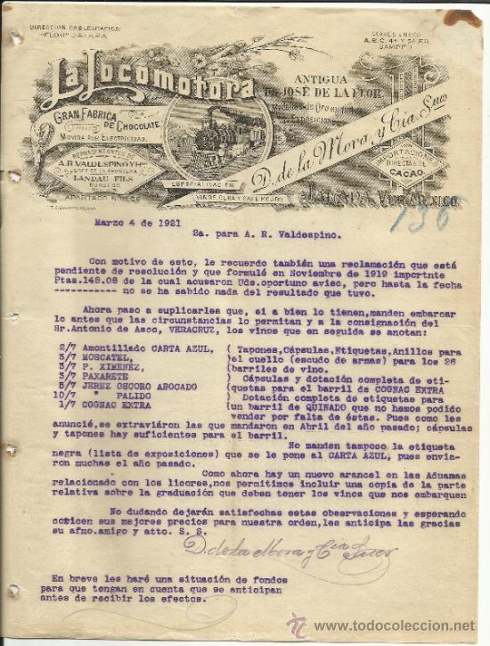 Gesch&auml;ftsbriefe: CARTA COMERCIAL DE LA LOCOMOTORA. D DE LA MORA Y C&ordf;. JALAPA. M&Eacute;XICO. 1921