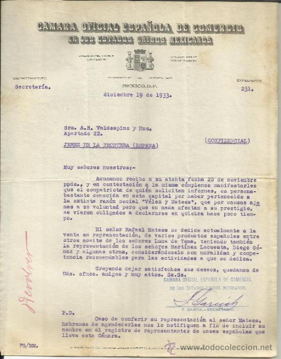 Gesch&auml;ftsbriefe: CARTA DE LA C&Aacute;MARA OFICIAL ESPA&Ntilde;OLA DE COMERCIO EN LOS ESTADOS UNIDOS MEXICANOS.M&Eacute;XICO(M&Eacute;XICO).1933
