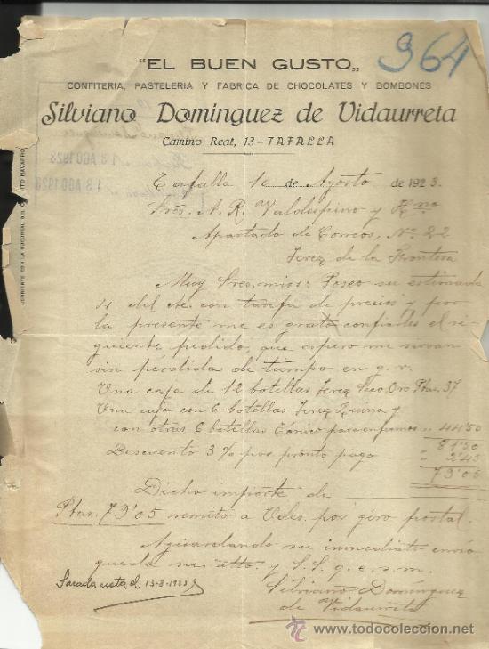 Gesch&auml;ftsbriefe: CARTA COMERCIAL DE SILVIANO DOM&Iacute;NGUEZ DE VIDAURRETA. CONFITERIA EL BUEN GUSTO. TAFALLA. NAVARRA.1923