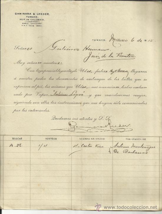 Gesch&auml;ftsbriefe: CARTA COMERCIAL DE GAMINARA & LEEDER. TUMACO. COLOMBIA. 1915