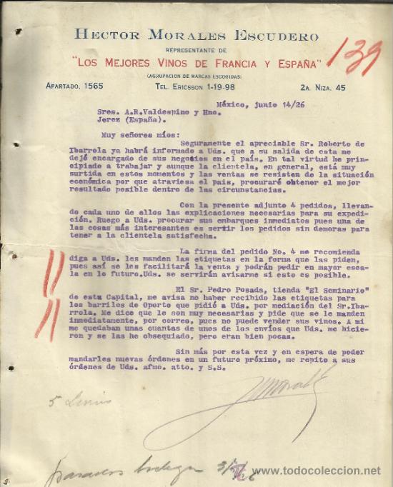 Gesch&auml;ftsbriefe: CARTA COMERCIAL DE HECTOR MORALES ESCUDERO. REPRESENTANTE. M&Eacute;XICO (M&Eacute;XICO). 1926