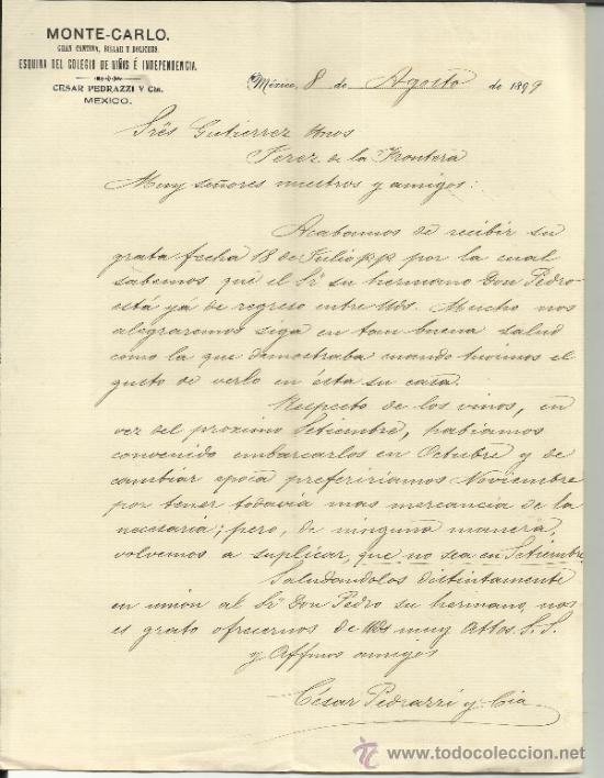 Gesch&auml;ftsbriefe: CARTA COMERCIAL DE MONTE-CARLO. CESAR PEDRAZZI Y C&ordf;. M&Eacute;XICO (M&Eacute;XICO). 1899