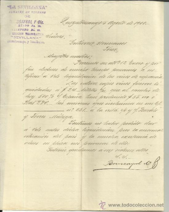 Gesch&auml;ftsbriefe: CARTA COMERCIAL DE LA SEVILLANA. BOUSCAYRAL Y C&ordf;. QUEZALTENANGO. GUATEMALA. 1900