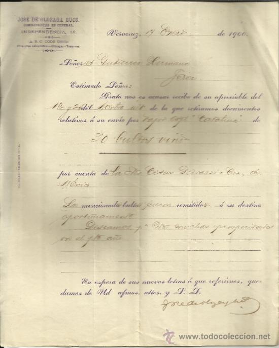 Gesch&auml;ftsbriefe: CARTA COMERCIAL DE JOS&Eacute; DE OLOZOGA SUCS. COMISIONISTAS. VERACRUZ. M&Eacute;XICO. 1900