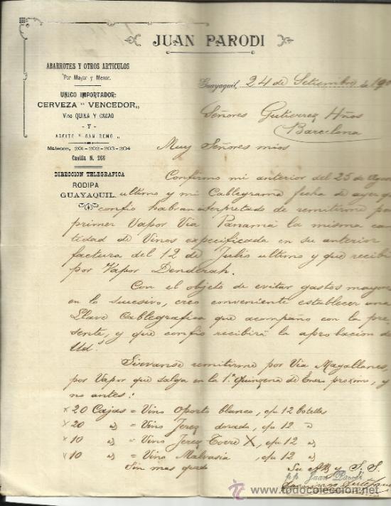 Cartas comerciales: CARTA COMERCIAL DE JUAN PARODI. IMPORTADOR DE CERVEZA VENCEDOR. VINO QUINA. GUAYAQUIL. ECUADOR. 1900