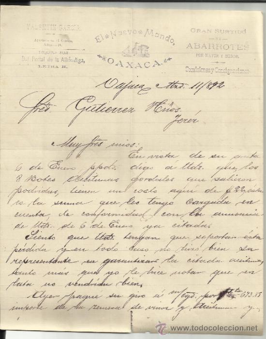 Lettres commerciales: CARTA COMERCIAL DEL NUEVO MUNDO. VALENT&Iacute;N GARC&Iacute;A. OAXACA. M&Eacute;XICO. 1892