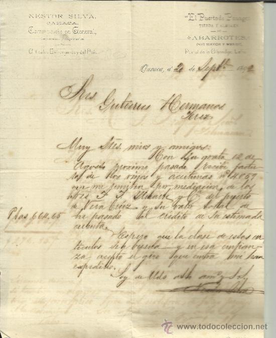 Lettres commerciales: CARTA COMERCIAL DE NESTOR SILVA. EL PUERTO DE PASAGES. OAXACA. M&Eacute;XICO. 1892