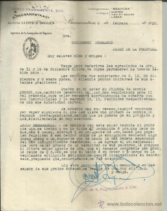 Lettres commerciales: CARTA COMERCIAL A. PAGNAMENTA & C&ordf;. CARLO PAGNAMENTA SUC. BUENAVENTURA. COLOMBIA. 1925