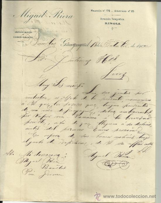 Lettres commerciales: CARTA COMERCIAL DE MIGUEL RIERA. IMPORTADOR Y COMISIONISTA. GUAYAQUIL. ECUADOR. 1900