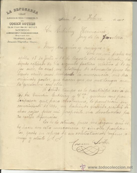 Lettres commerciales: CARTA COMERCIAL DE LA ESPERANZA. COSME SOTRES. M&Eacute;XICO ( M&Eacute;XICO). 1900
