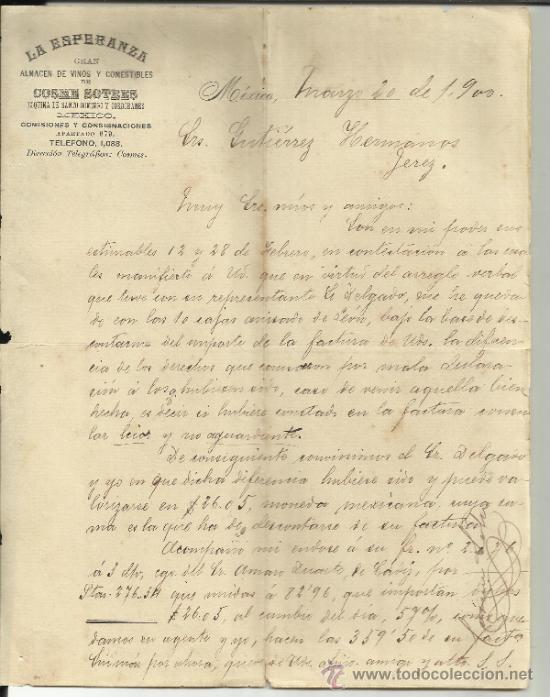 Lettres commerciales: CARTA COMERCIAL DE LA ESPERANZA. COSME SOTRES. M&Eacute;XICO ( M&Eacute;XICO). 1900