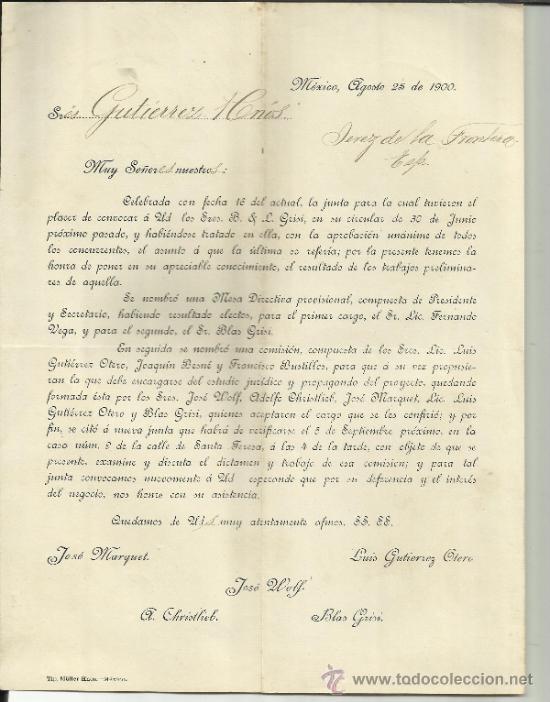 Lettres commerciales: CIRCULAR DE CENTRO MERCANTIL. JOS&Eacute; MARQUET. LUIS GUTIERREZ OTERO. JOS&Eacute; WOLF. M&Eacute;XICO (M&Eacute;XICO). 1900