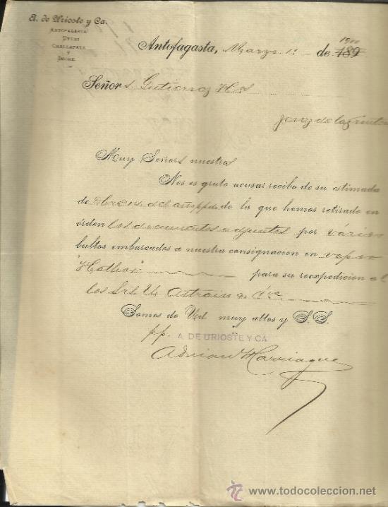 Lettres commerciales: CIRCULAR DE A. DE URIOSTE Y C&ordf;. ANTOFAGASTA. CHILE. 1900