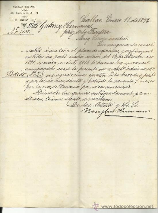 Lettres commerciales: CARTA COMERCIAL DE NOSIGLIA HERMANOS. CALLAO. PER&Uacute;. 1892