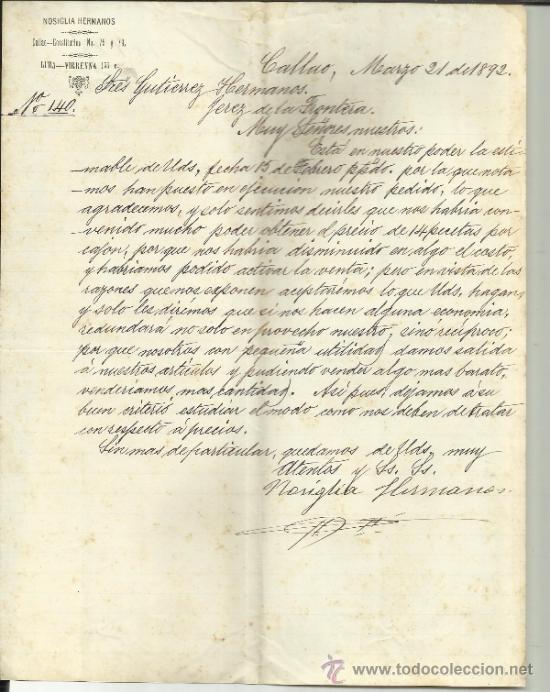 Lettres commerciales: CARTA COMERCIAL DE NOSIGLIA HERMANOS. CALLAO. PER&Uacute;. 1892