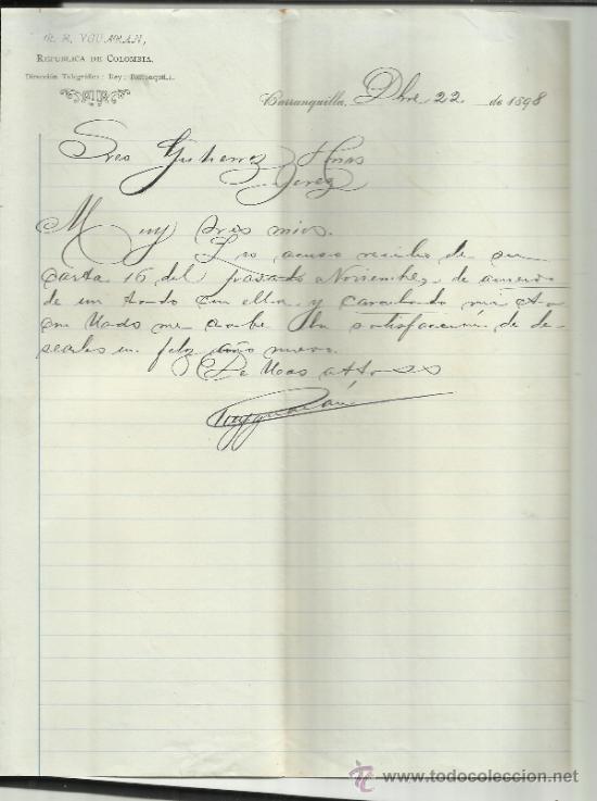 Lettres commerciales: CARTA COMERCIAL DE R.E. YGUARAN. BARRANQUILLA. COLOMBIA. 1898