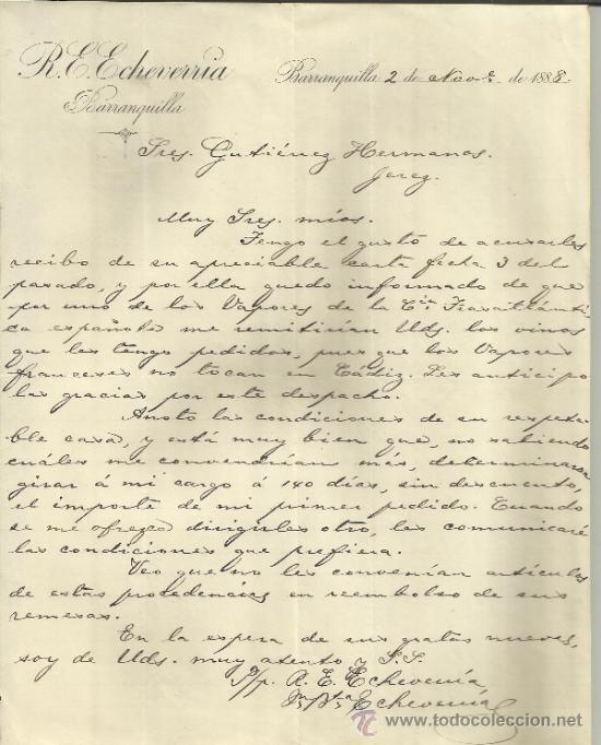 Lettres commerciales: CARTA COMERCIAL DE R. E. ECHEVARRIA. BARRANQUILLA. COLOMBIA. 1888