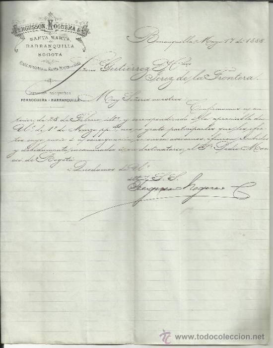 Lettres commerciales: CARTA COMERCIAL DE FERGUSSON, NOGUERA & C&ordf;. BARRANQUILLA. COLOMBIA. 1888