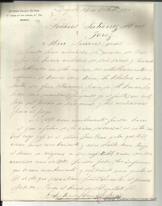 Lettres commerciales: CARTA COMERCIAL DE ANTONIO OBANDO EST&Eacute;VEZ. BOGOT&Aacute;. COLOMBIA. 1889