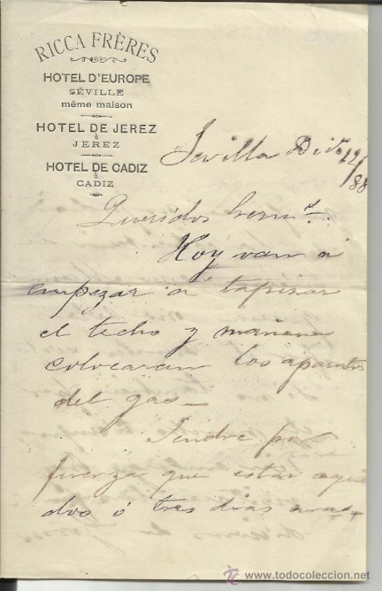 Lettres commerciales: CARTA COMERCIAL DE RICA FR&Egrave;RES. HOTEO D'EUROPE. HOTEL DE JEREZ. HOTEL DE C&Aacute;DIZ.SEVILLA.1888(2 HOJAS)