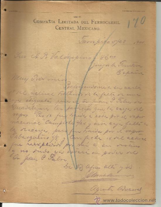 Lettres commerciales: CARTA COMERCIAL DE COMPA&Ntilde;IA LIMITADA DEL FERROCARRIL CENTRAL MEXICANO. TAMPICO. M&Eacute;XICO. 1901
