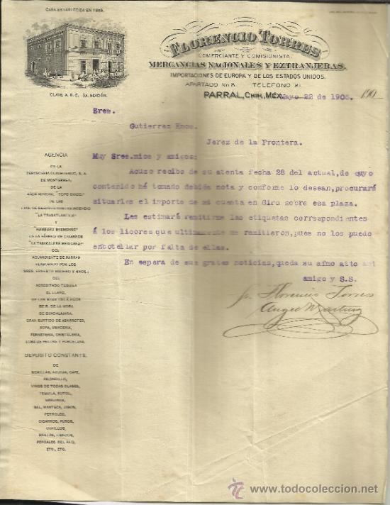 Lettres commerciales: CARTA COMERCIAL DE FLORENCIO TORRES. COMERCIANTE Y COMISIONISTA. PARRA. M&Eacute;XICO. 1906