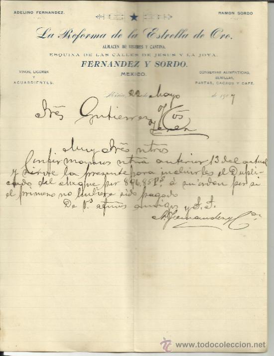 Lettres commerciales: CARTA COMERCIAL DE FERN&Aacute;NDEZ Y SORDO. LA REFORMA DE LA ESTRELLA DE ORO. M&Eacute;XICO (M&Eacute;XICO) 1907