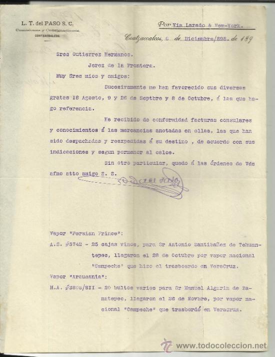 Lettres commerciales: CARTA COMERCIAL DE L.T. DEL PASO S.C. COATZACOALCOS. M&Eacute;XICO. 1898