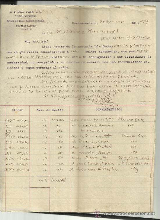 Lettres commerciales: CARTA COMERCIAL DE L.T. DEL PASO S.C. COATZACOALCOS. M&Eacute;XICO. 1899