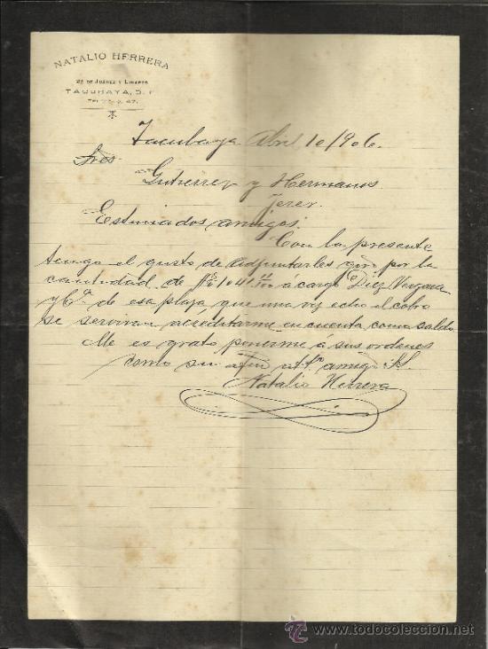 Lettres commerciales: CARTA COMERCIAL DE NATALIO HERRERA. TACUBAYA D.F. M&Eacute;XICO. 1906