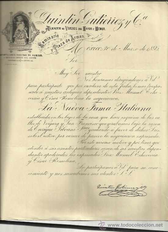 Gesch&auml;ftsbriefe: CIRCULAR DE QUINT&Iacute;N GUTIERREZ Y C&ordf;. LA NUEVA FAMA ITALIANA. M&Eacute;XICO ( M&Eacute;XICO). 1895