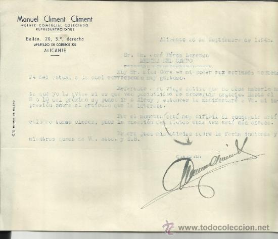 Cartas comerciais: CARTA COMERCIAL DE MANUEL CLIMENT CLIMENT. AGENTE COMERCIAL COLEGIADO. ALICANTE. 1945