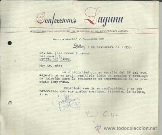 Cartas comerciais: CARTA COMERCIAL DE CONFECCIONES LAGUNA. BILBAO. 1953